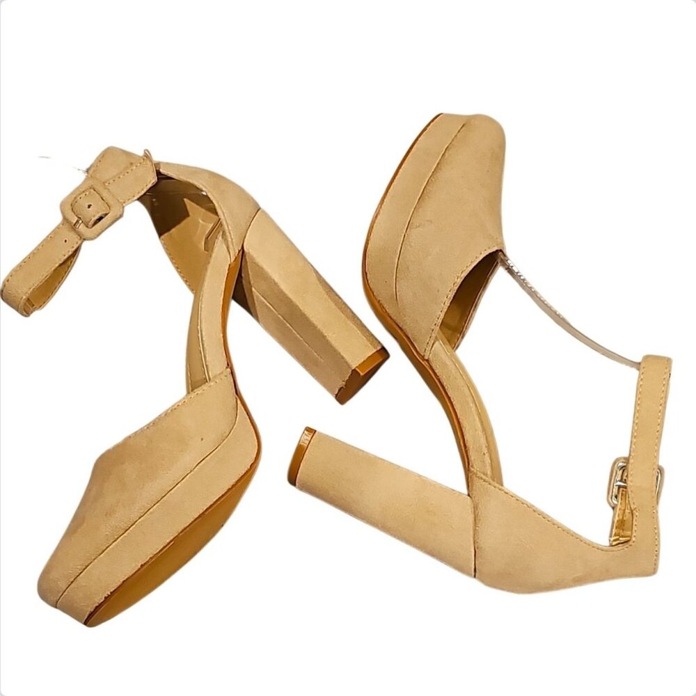 Nude Faux Suede Chunky Heel Platform Ankle Strap Pumps - Picture 4 of 9